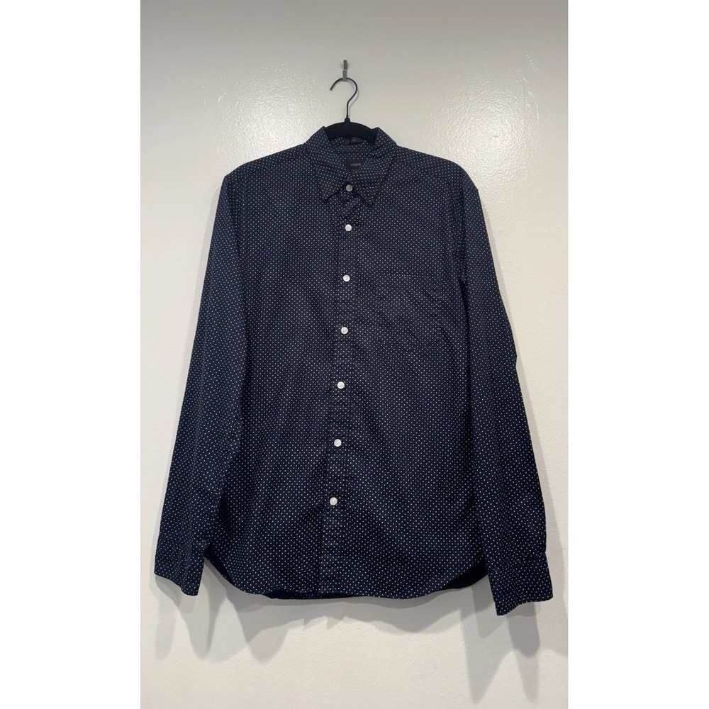 J Crew Slim Polka Dot Shirt Mens Size Medium Navy Blue Preppy Classic Work